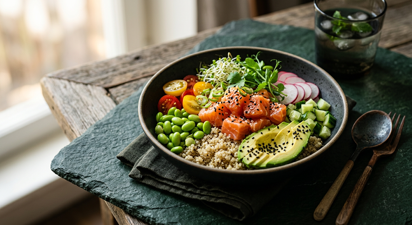 Bowl saudável com salmão, abacate, quinoa e legumes